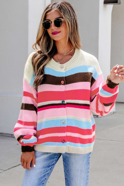Pink Stripe Striped Colorblock Drop Shoulder Cardigan