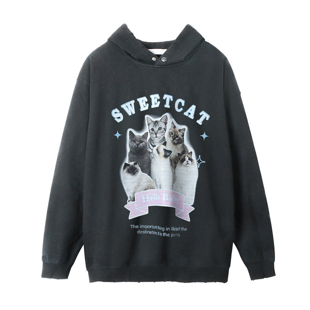 Cat Printing Distressed Hooded For Men