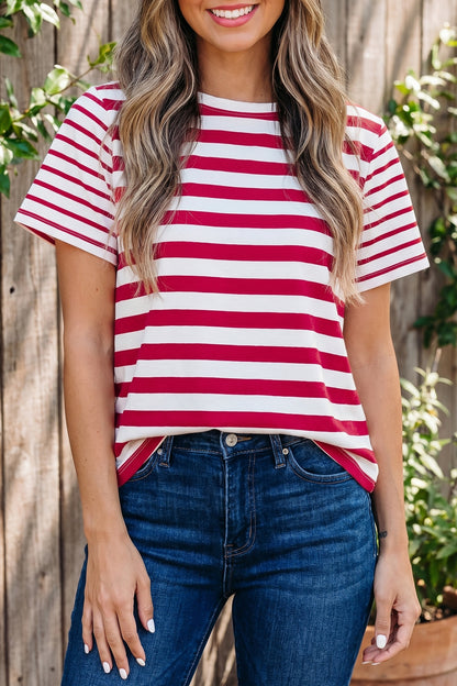 Red Stripe Patchwork Round Neck T Shirt