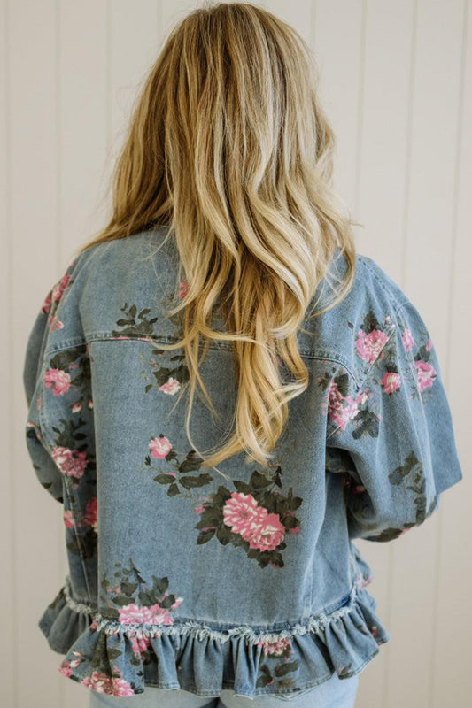 Sky Blue Floral Print Raw Seam Ruffle Hem Denim Jacket