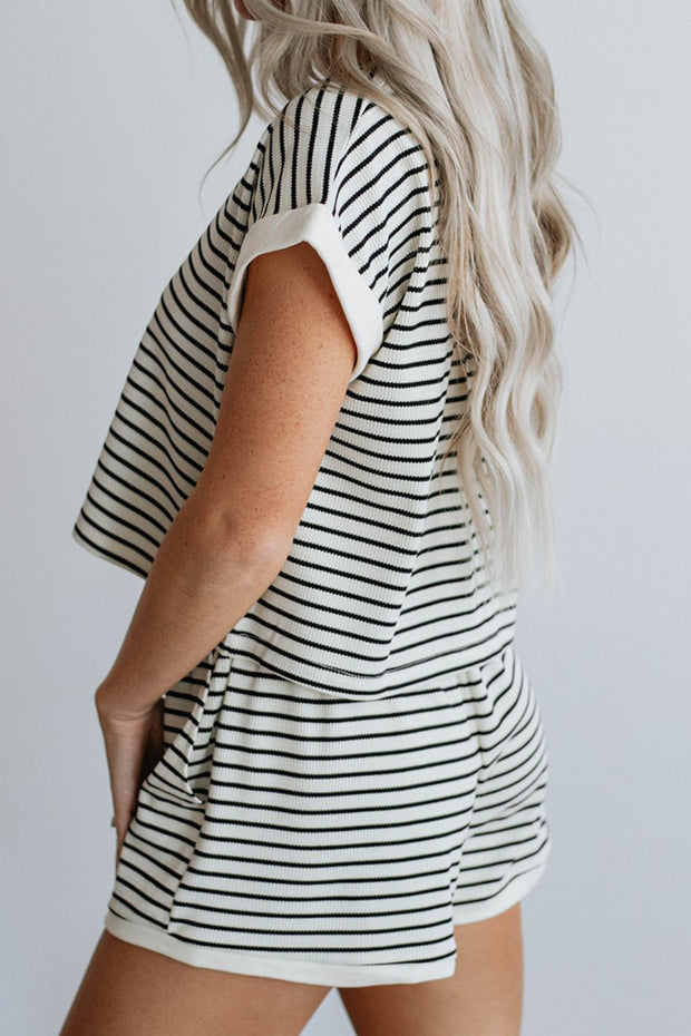 Striped Round Neck Top and Shorts Set