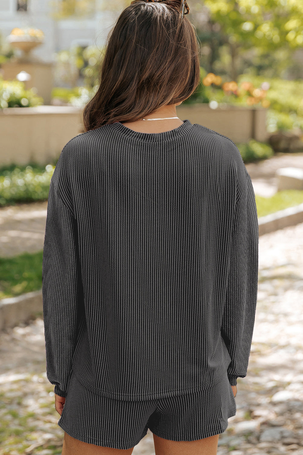 Parchment Corded Knit Long Sleeve Top and High Waist Shorts Set