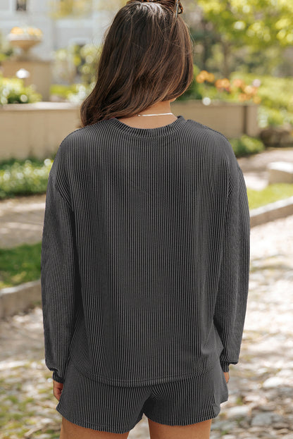 Parchment Corded Knit Long Sleeve Top and High Waist Shorts Set