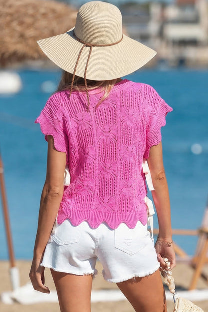Beau Blue Pointelle Knit Patterned Scalloped Trim Short Sleeve Sweater