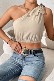 Honey Cropped One-Shoulder Striped Tie Shoulder Tank