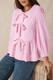 Tied Bow Striped Round Neck Blouse