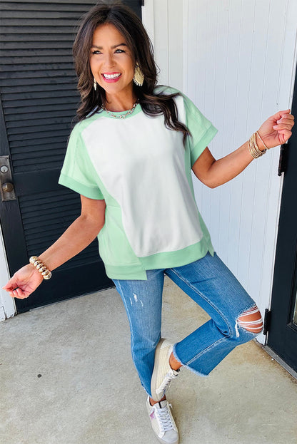 Sky Blue Color Block Exposed Seam Crew Neck T Shirt