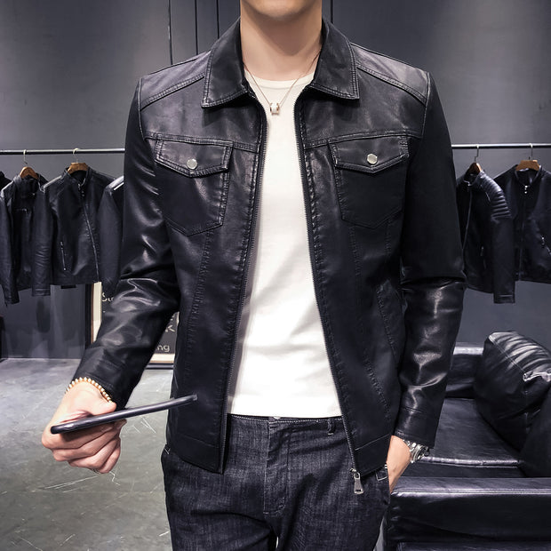 Simple Slim-fitting Lapel Motorcycle Leather Jacket Men