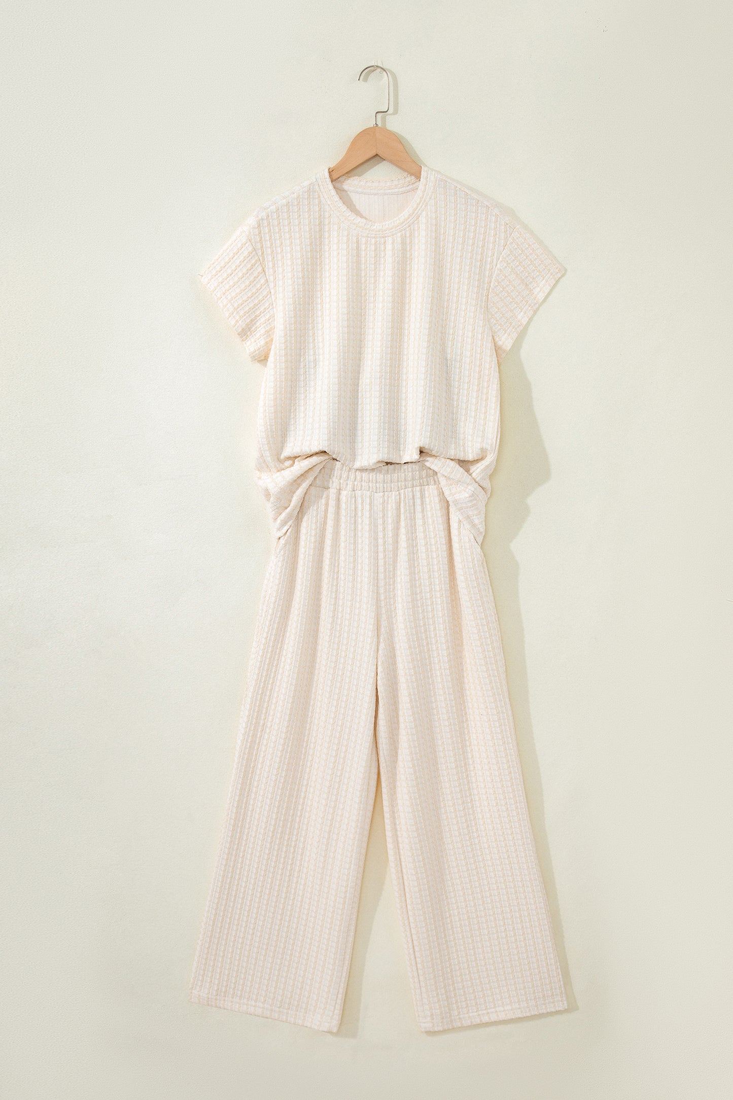 Beige Texture Loose Short Sleeve Top and Cropped Pant Set