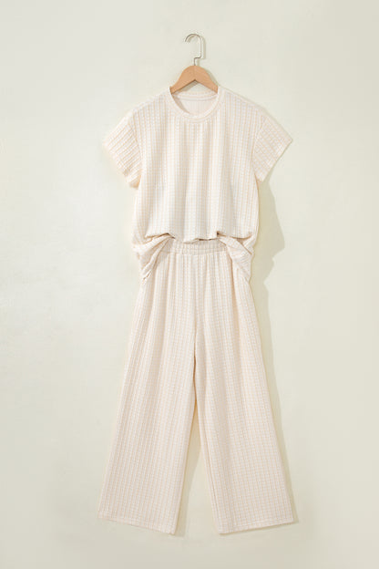 Beige Texture Loose Short Sleeve Top and Cropped Pant Set