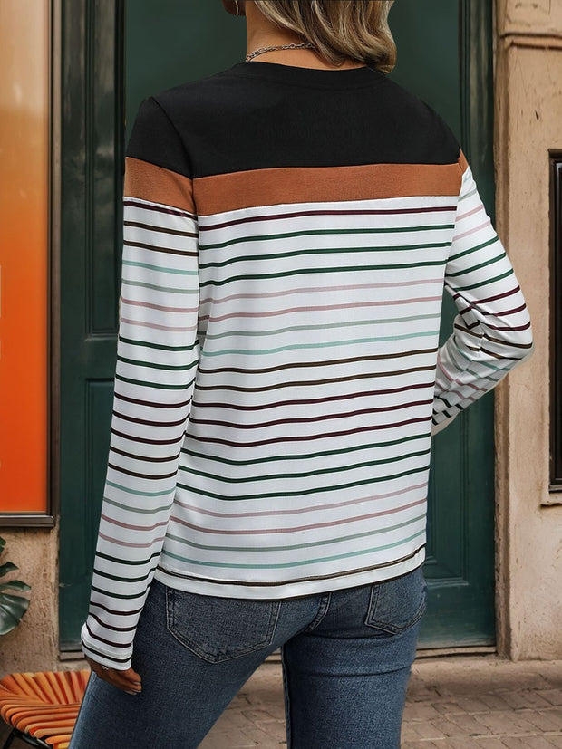 Perfee Striped Round Neck Long Sleeve T-Shirt