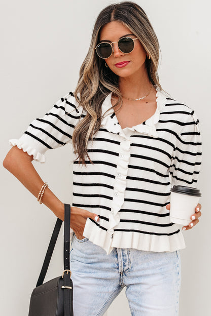 Beige Stripe Ruffle Trim Button Down Knit Short Sleeve Sweater Cardigan
