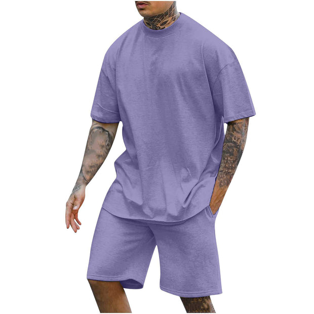 Men's Round Neck Drop Shoulder Top and Shorts Two-piece Set