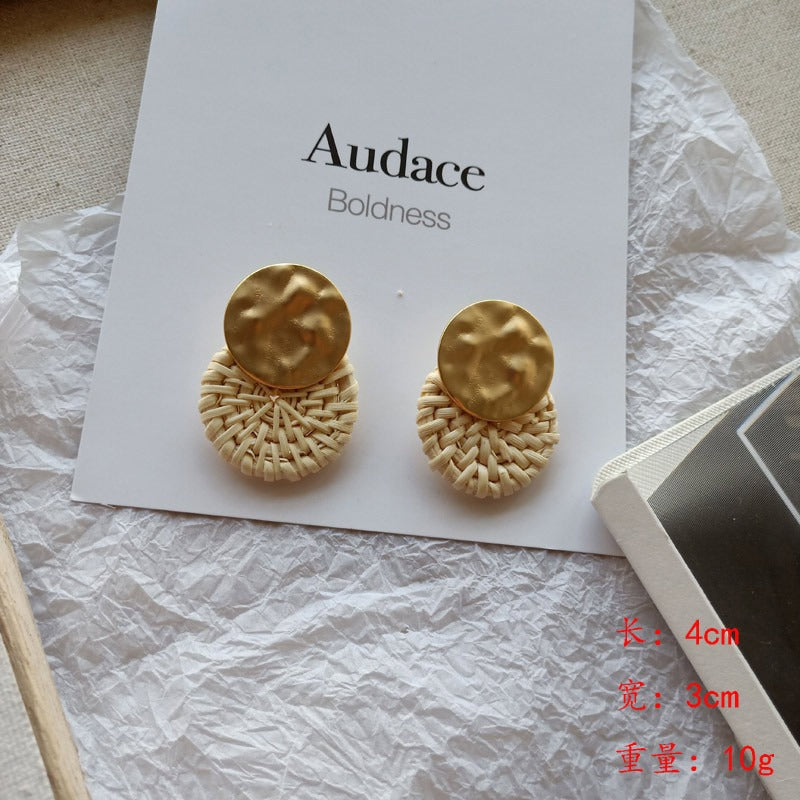 Retro Exaggerated Geometric Rattan Woven Earrings