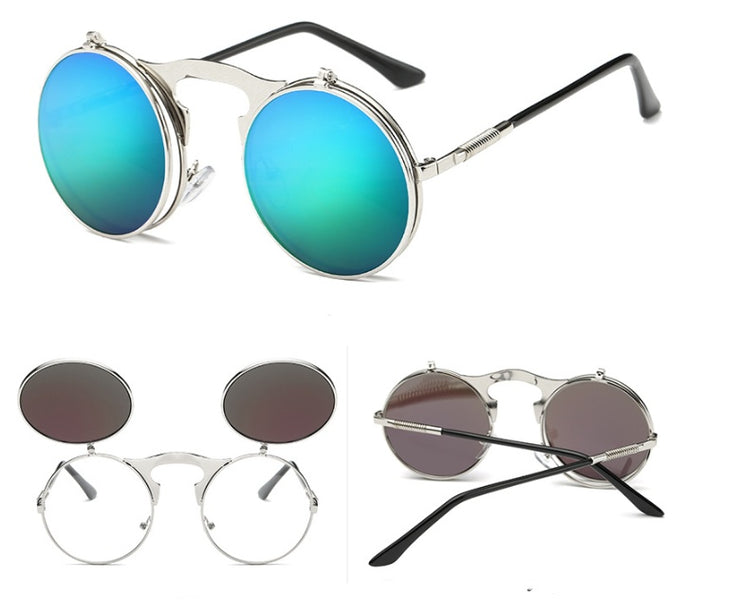 Men Vintage Round SteamPunk Flip-up Sunglasses