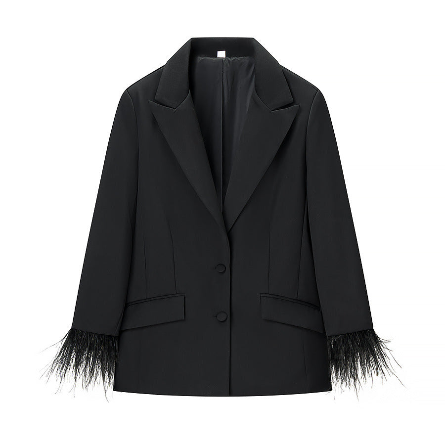 Feather decorative jacket+high waisted pants set