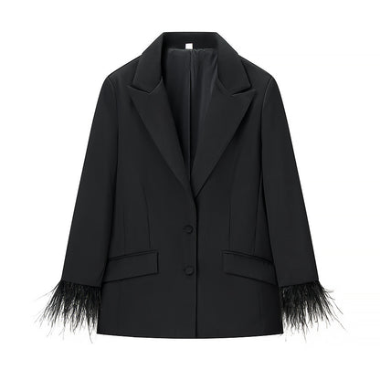 Feather decorative jacket+high waisted pants set