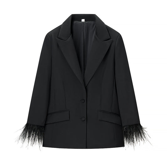 Feather decorative jacket+high waisted pants set