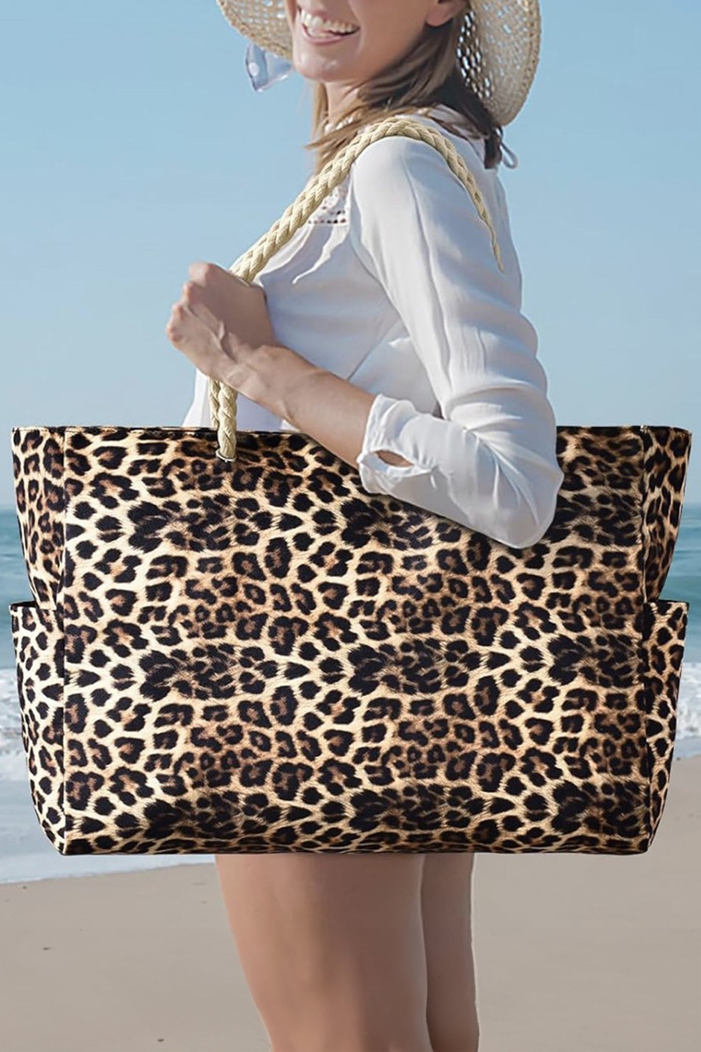 Coffee Leopard Print Rope Straps Large Travel Shopping Bag