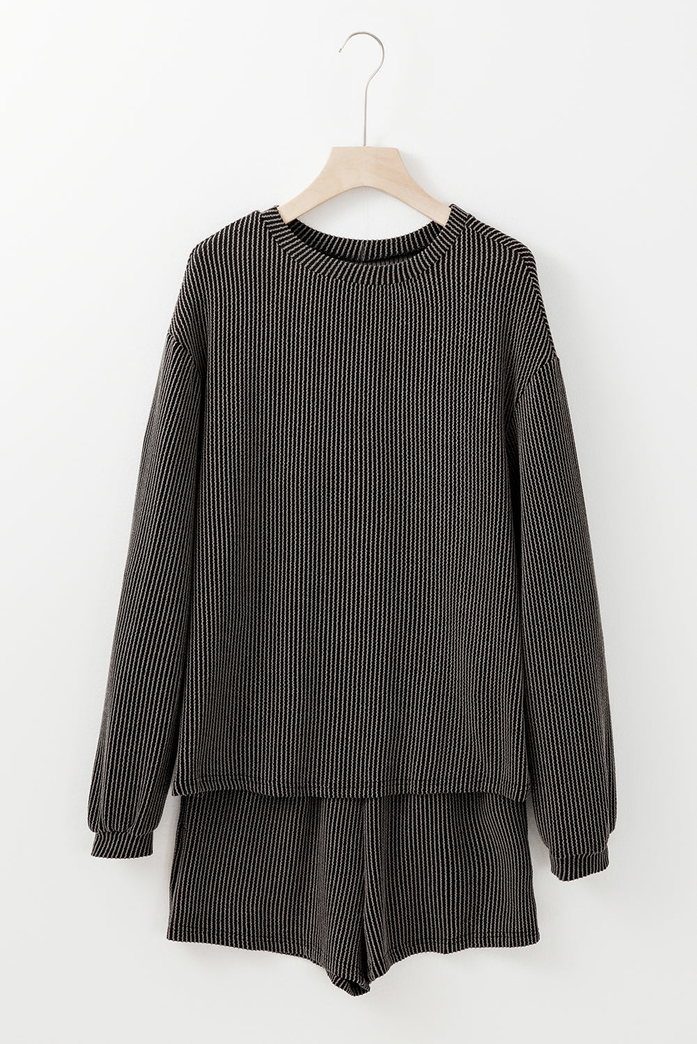 Parchment Corded Knit Long Sleeve Top and High Waist Shorts Set