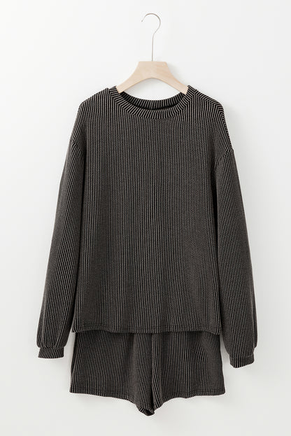 Parchment Corded Knit Long Sleeve Top and High Waist Shorts Set