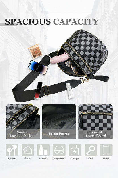Color black Checkered Print Wide Strap Large Crossbody Bag