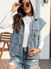 Drawstring Button Up Sleeveless Denim Jacket