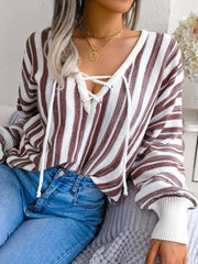 Striped Lace-Up Long Sleeve Sweater