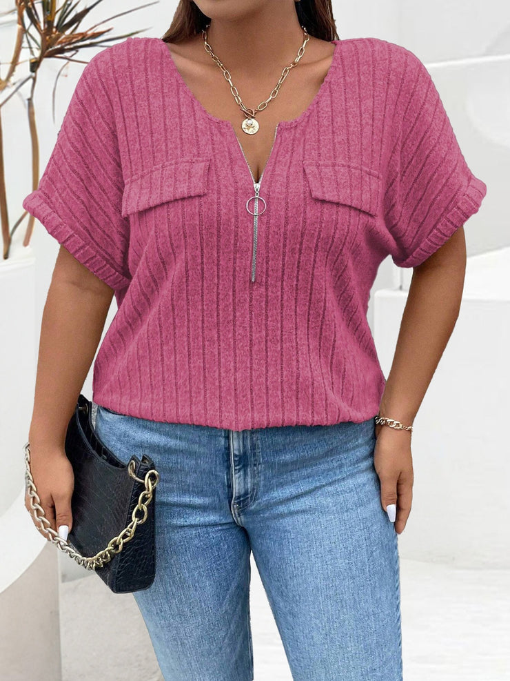 Plus Size Half Zip Short Sleeve T-Shirt