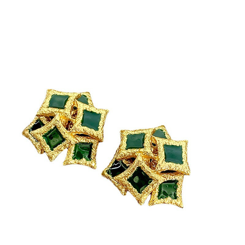 Irregular Geometry Square Green Dripping Glaze Vintage Elegant Metal Earrings for Women Girl Party Jewelry  NEW