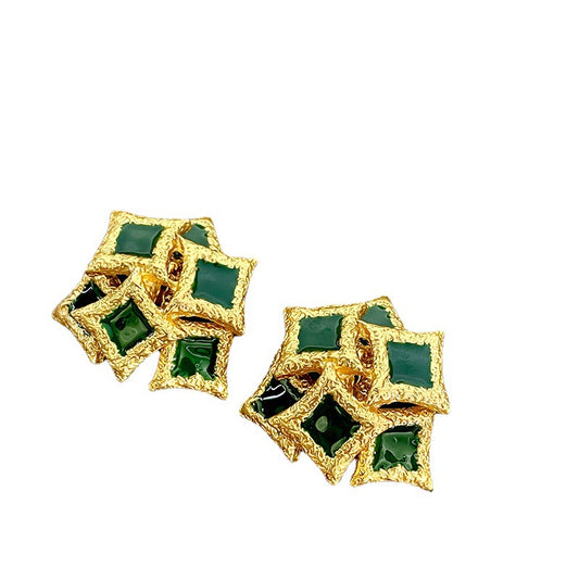 Irregular Geometry Square Green Dripping Glaze Vintage Elegant Metal Earrings for Women Girl Party Jewelry  NEW
