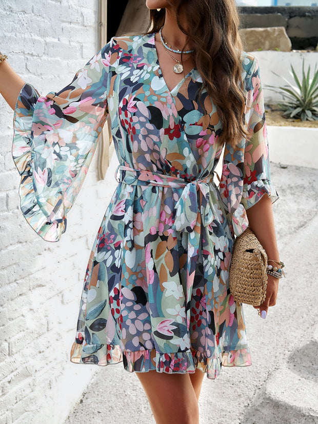 Devine Ruffled Printed Surplice Half Sleeve Mini Dress