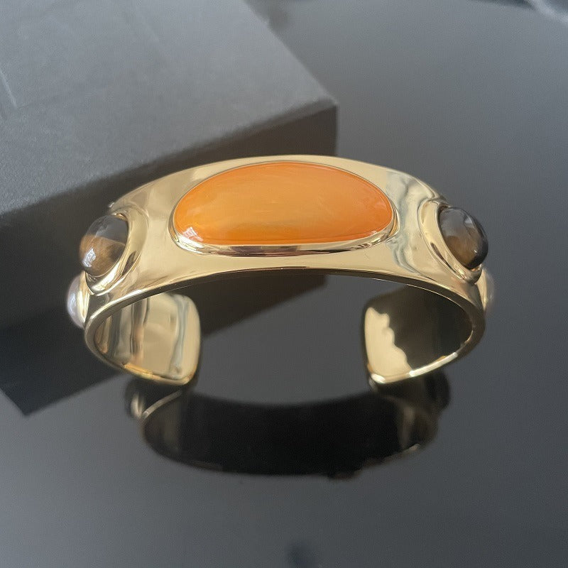 light antique style retro natural stone open metal bracelet