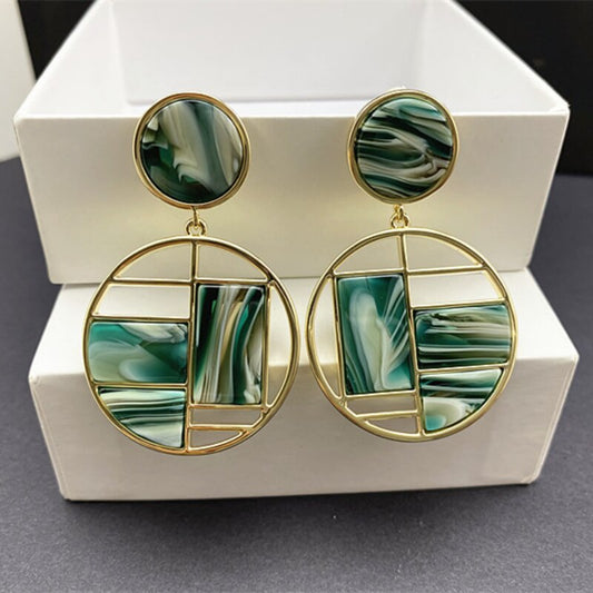Retro Green Geometric Stitching Earrings
