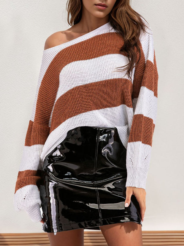 Perfee Color Block Dropped Shoulder Long Sleeve Sweater