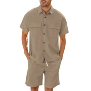 Men Short Sleeve Lapel Whit Pockets Set