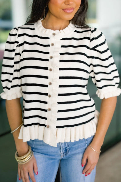 Beige Stripe Ruffle Trim Button Down Knit Short Sleeve Sweater Cardigan