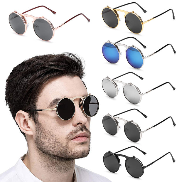 Men Vintage Round SteamPunk Flip-up Sunglasses