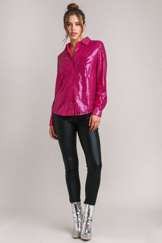 Umgee Sequin Long Sleeve Shirt with Side Chest Pocket