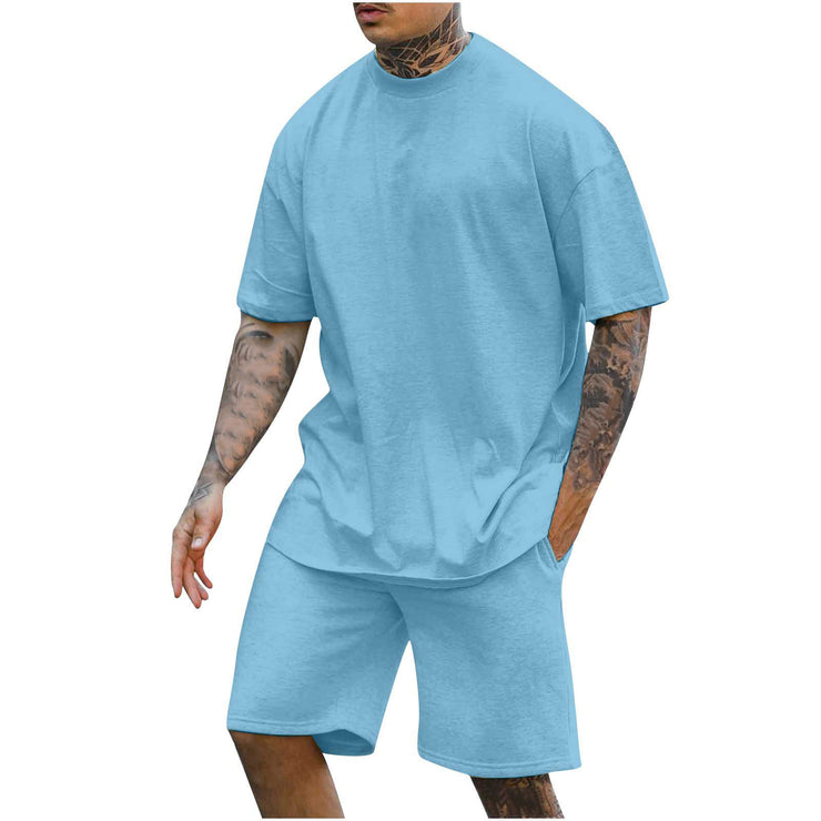 Men's Round Neck Drop Shoulder Top and Shorts Two-piece Set