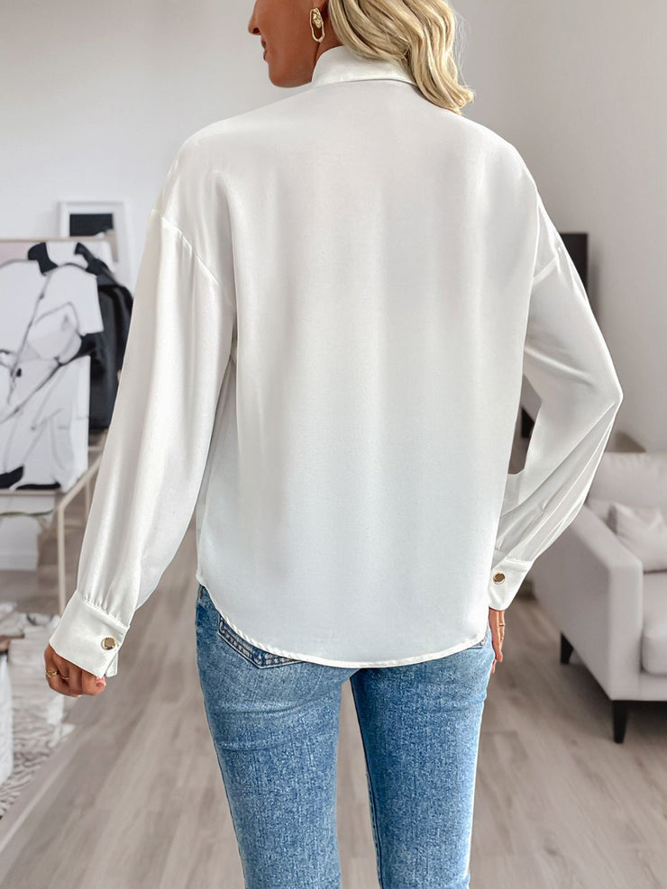 Perfee Sequin Contrast Collared Neck Long Sleeve Shirt