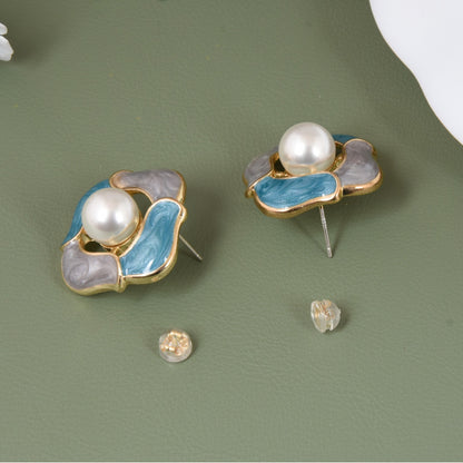 Vintage Blue Drip Oil Enamel Pearl Stud Earring