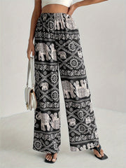 Printed Wide Leg Elastic Waist Pants