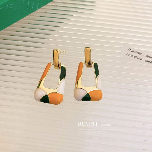 Minar Trapezoid Colorful Enamel Hollow Geometric Long Dangle Earrings