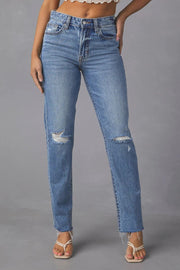 Distressed Raw Hem Straight Jeans with Pockets