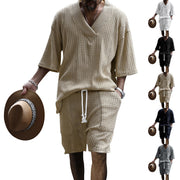 Summer V-neck Short-sleeved T-shirt And Drawstring Shorts For  Men