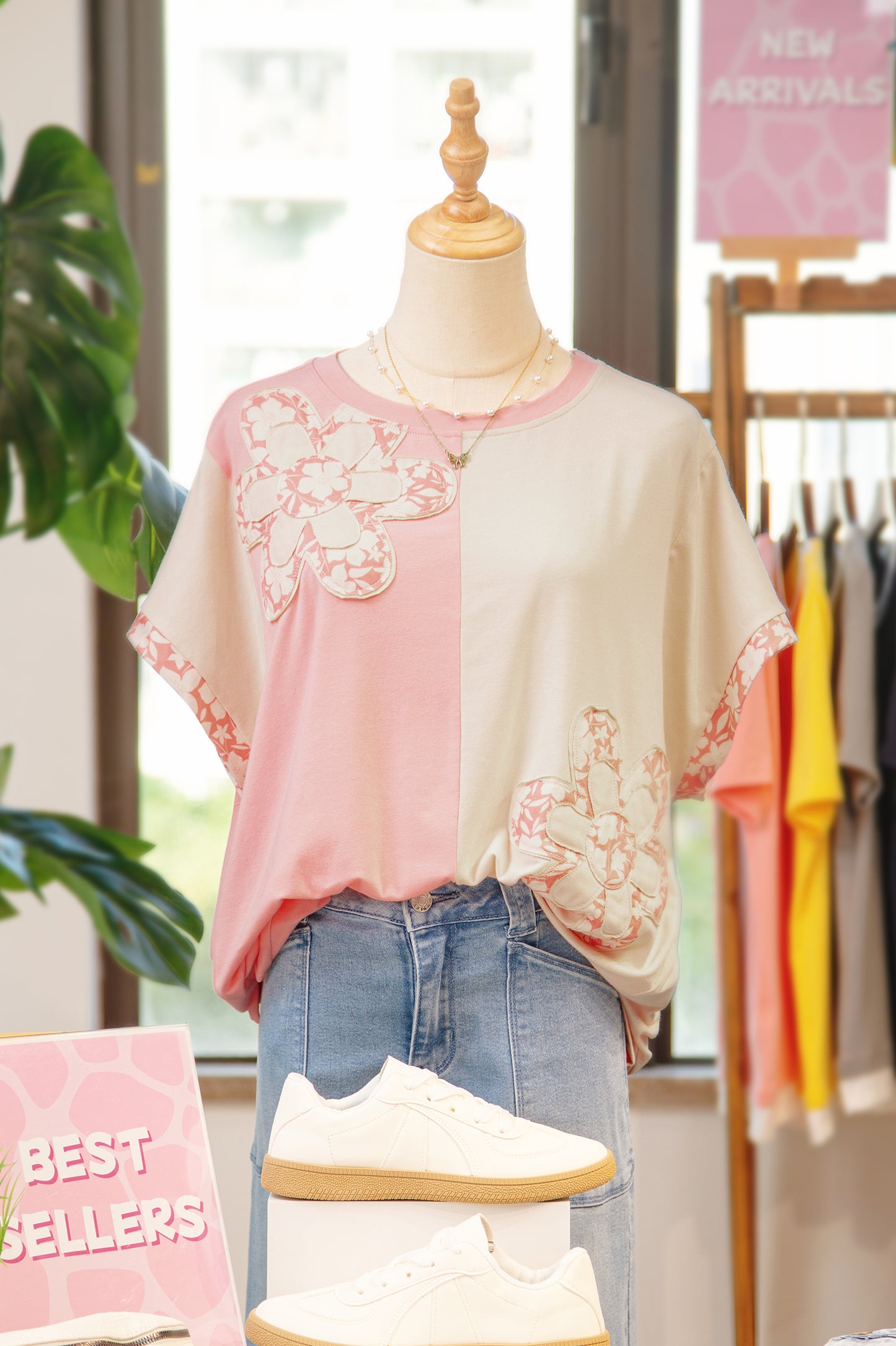 Apricot Color Block Flower Patched Loose T Shirt