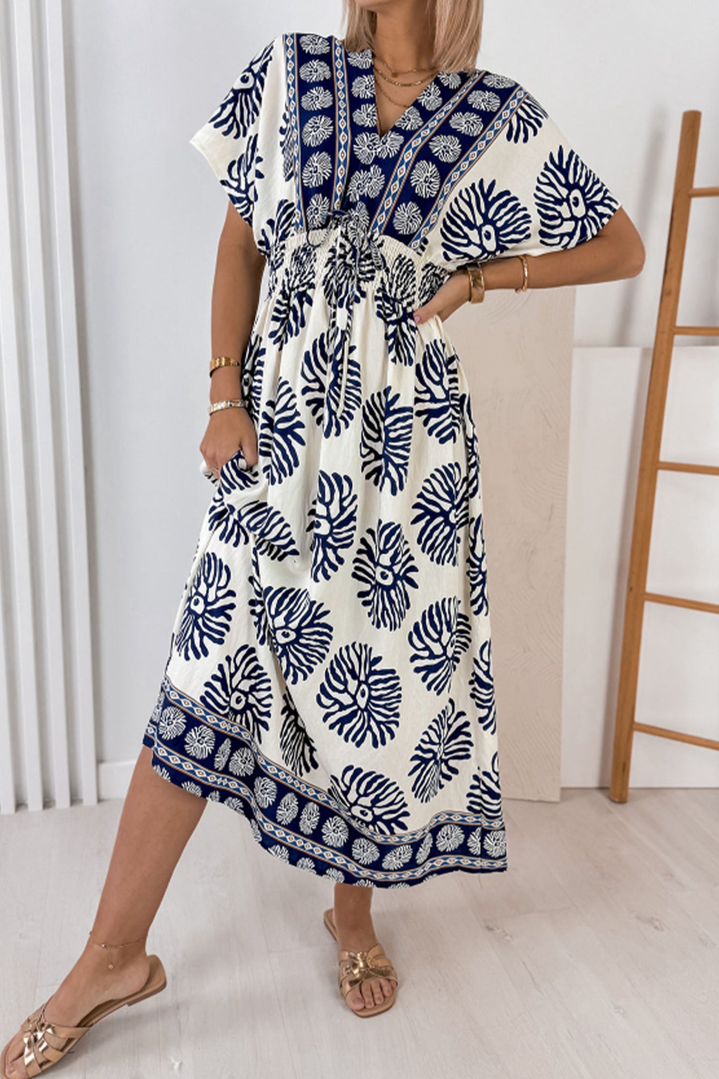 Blue Boho Floral Print Contrast Patchwork V Neck Dolman Maxi Dress