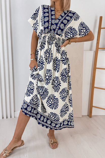 Blue Boho Floral Print Contrast Patchwork V Neck Dolman Maxi Dress