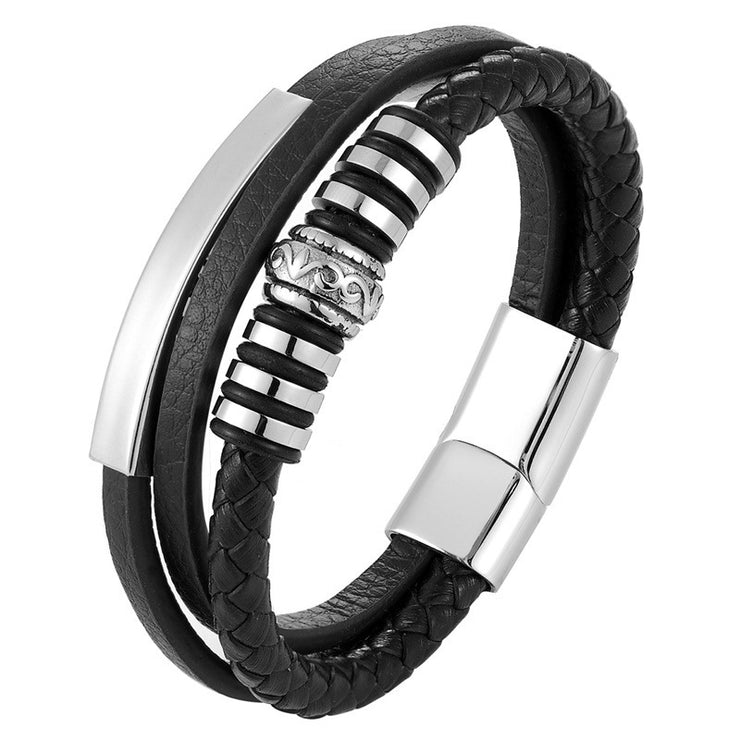 Stainless Steel Leather Bracelet Men Hand Woven